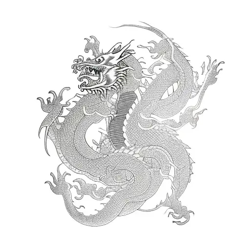 dragon entagled with foo dog surrounded by cherry blossoms, waves, and eyes tattoo design idea