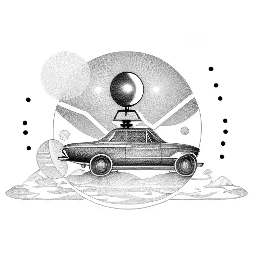 car on lookout looking over sea with mirrorball as sun tattoo design idea