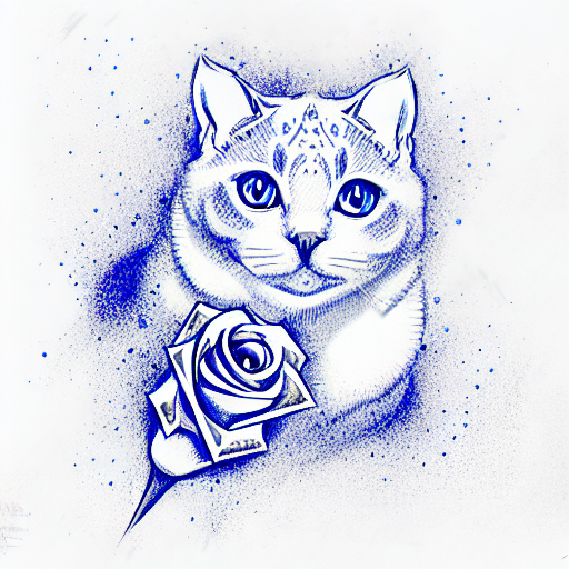 white rose with blue rhinestones,spikes and a british shorthair tattoo design idea