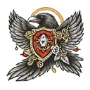 open winged raven with dangling jems and crystals tattoo design idea