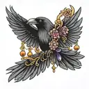 open winged raven with dangling jems and crystals tattoo design idea