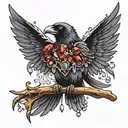 open winged raven with dangling jems and crystals tattoo design idea