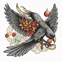 open winged raven with dangling jems and crystals tattoo design idea