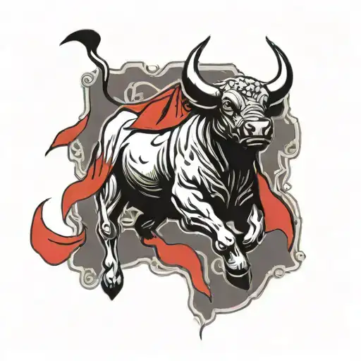 A stylized bull charging through a field with a red cape in hand tattoo design idea