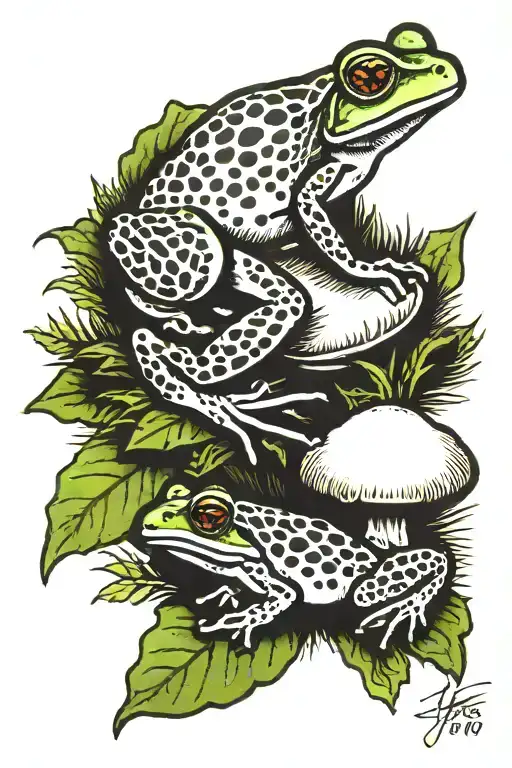 1 frog laying under mushroom tattoo design idea