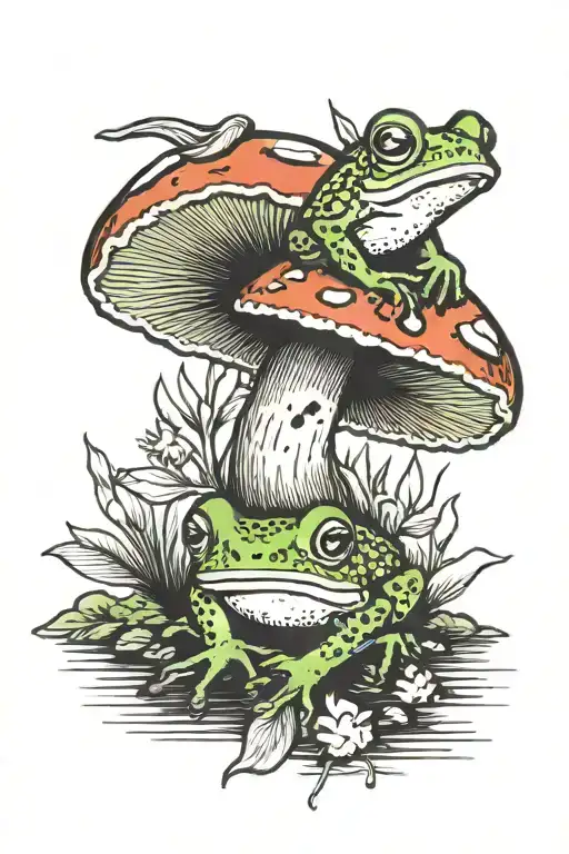 Frog laying beneath mushroom tattoo design idea