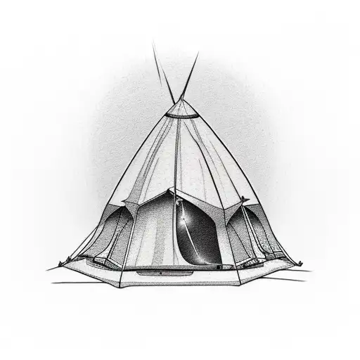 campfire with 2 tents located in Sahara, surrounded by palm trees and 2 camels nearby tattoo design idea