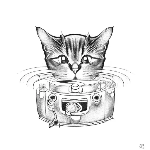 A vintage record player with a black cat sitting on top tattoo design idea