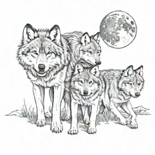 wolf pack 2 adults four cubs full moon tattoo design idea