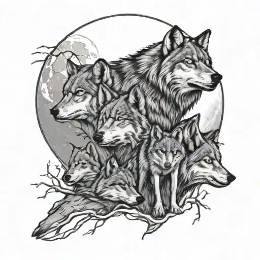 wolf pack 2 adults four cubs full moon tattoo design idea