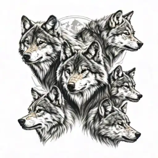 wolf pack 2 adults four cubs  tattoo design idea
