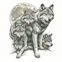 wolf pack 2 adults four cubs full moon tattoo design idea