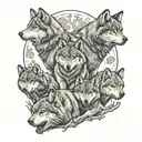 wolf pack 2 adults four cubs full moon tattoo design idea