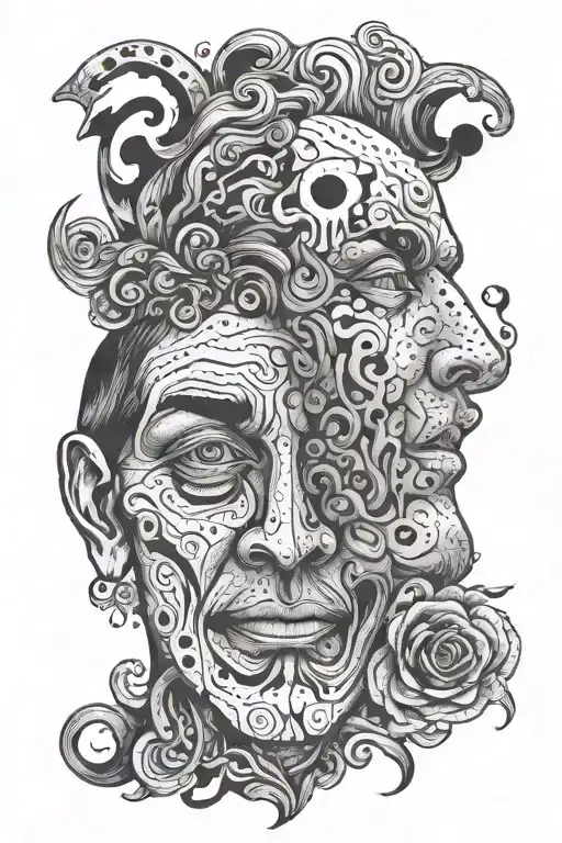 bipolar disorder related imagery ,happy sad, two Face , dotwork  , manic and depressed   tattoo design idea