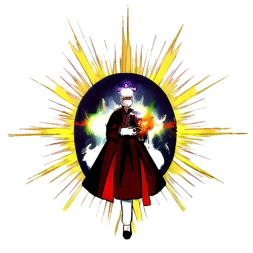 A realistic portrait of a demon priest with a dog companion, surrounded by fiery celestial bodies tattoo design idea