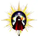 A realistic portrait of a demon priest with a dog companion, surrounded by fiery celestial bodies tattoo design idea