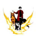 A realistic portrait of a demon priest with a dog companion, surrounded by fiery celestial bodies tattoo design idea