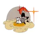 A realistic portrait of a demon priest with a dog companion, surrounded by fiery celestial bodies tattoo design idea