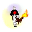 A realistic portrait of a demon priest with a dog companion, surrounded by fiery celestial bodies tattoo design idea