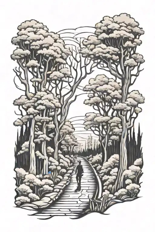 half sleeve tattoo, black line tattoo style, surrealist, silhouette man walking ribbon of highway, tall arbutus trees, w tattoo design idea