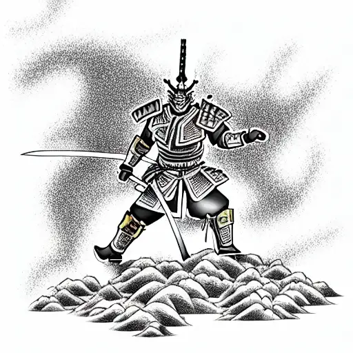 fully armored samurai, standing on sloped rock, infront of starry night tattoo design idea