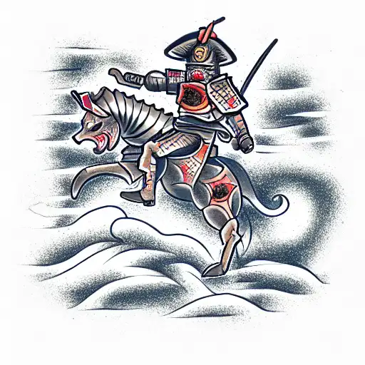 fully armored samurai, standing on sloped rock, infront of starry night tattoo design idea