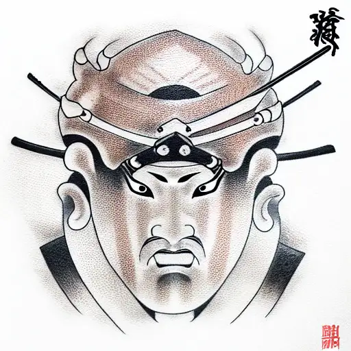samurai, wearing a mempo, with red eyes tattoo design idea
