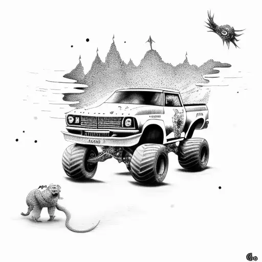 monster truck with kids names tattoo design idea