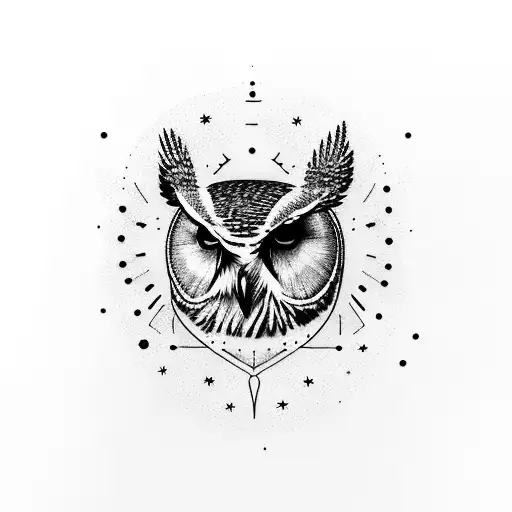 owl profile on top of skuMoon behind the owl. Vines coming up the arm with night glazed lilies. Sagittarius star system. tattoo design idea