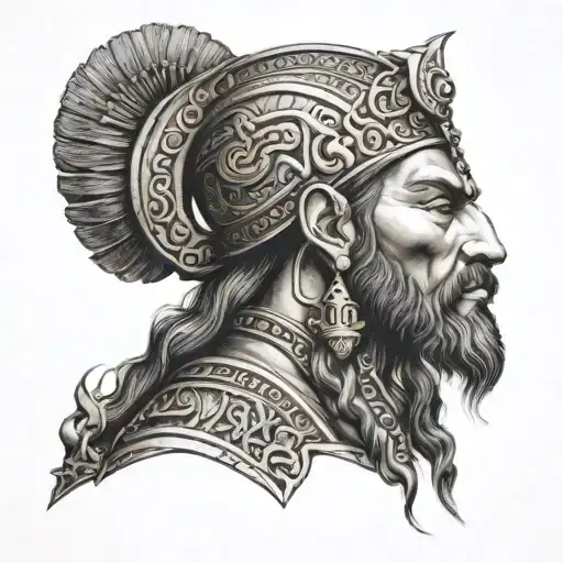 Sumerian god Enki, young and side profile, in black and gold tattoo design idea