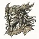 Sumerian god Enki, in black and gold, looking young and looking slightly sideways tattoo design idea