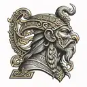 Sumerian god Enki, in black and gold, looking young and looking slightly sideways tattoo design idea