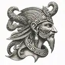 Sumerian god Enki, in black and gold, looking young and looking slightly sideways tattoo design idea