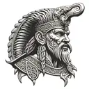 Sumerian god Enki, in black and gold colors, young and looking slightly sideways, realistic tattoo design idea