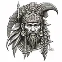 Sumerian god Enki, in black and gold colors, young and looking slightly sideways, realistic tattoo design idea