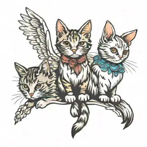 2 cats and 1 Bunny angel wings tattoo design idea