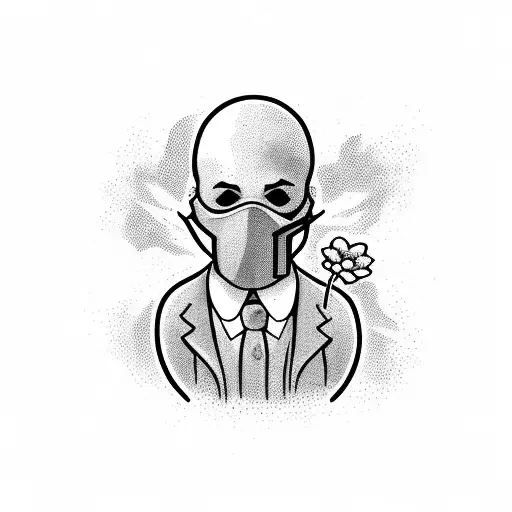 Gas masked man holding flower in ruined from war city tattoo design idea