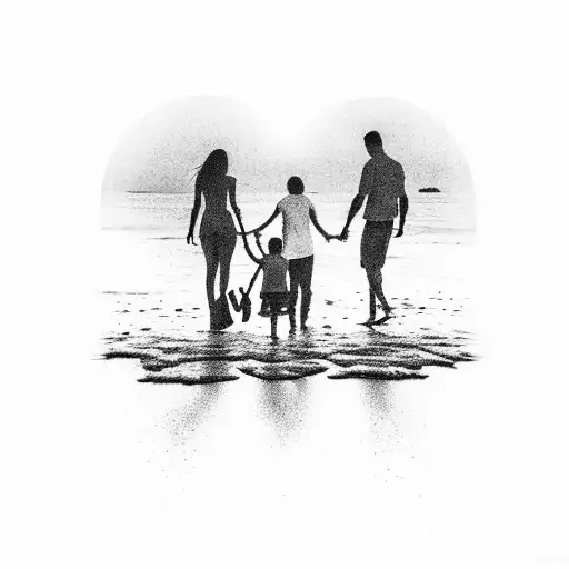 A silhouette of a family walking on the beach at sunrise tattoo design idea