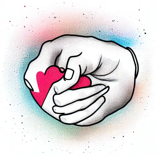 Cute calico cat paw touching a female human fist infront of a big heart tattoo design idea