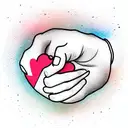 Cute calico cat paw touching a female human fist infront of a big heart tattoo design idea