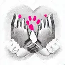 Cute calico cat paw touching a female human fist infront of a big heart tattoo design idea