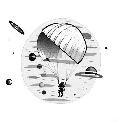 paraglider flying in the universe among planets and stars and galaxies tattoo design idea