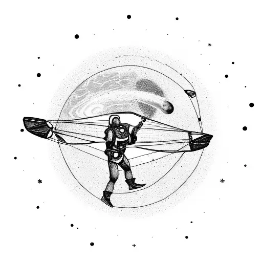 paraglider paragliding in the middle of the universe among planets and galaxies and stars tattoo design idea
