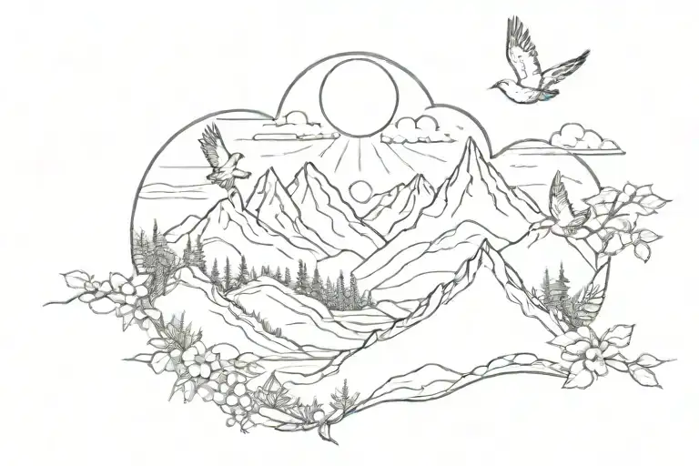 mountain, heart, birds, sun rising tattoo design idea