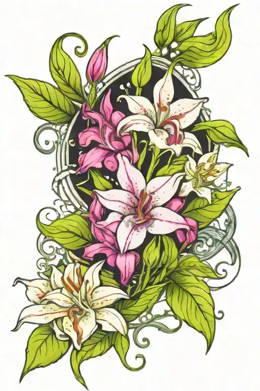 A new-school design of a mystical garden with vibrant gladioli flowers, violets, lily of the valley, and water lilies, each flower holding a different secret or lesson learned during your studies tattoo design idea