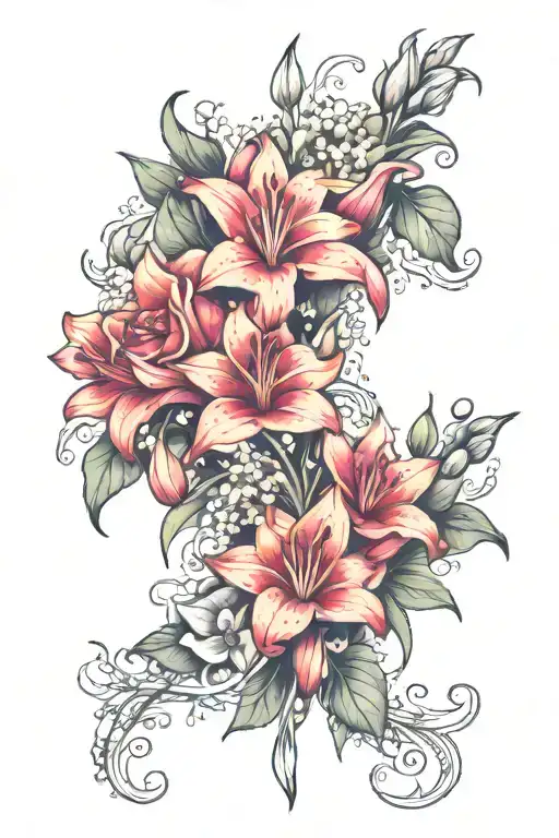A new-school design of a mystical garden with vibrant gladioli flowers, violets, lily of the valley, and water lilies, each flower holding a different secret or lesson learned during your studies tattoo design idea