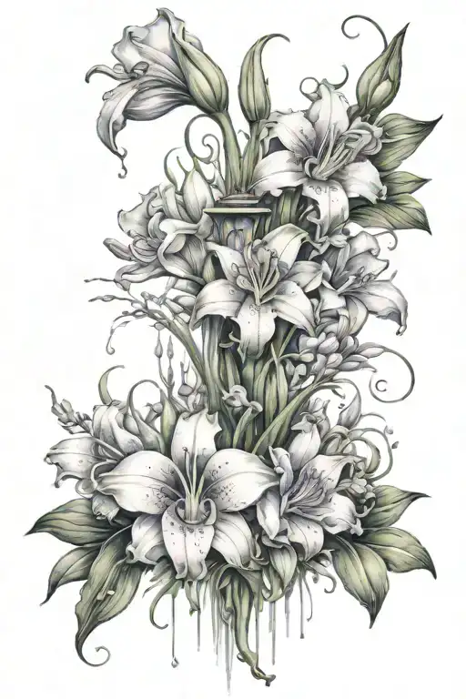 A new-school design of a mystical garden with vibrant gladioli flowers, violets, lily of the valley, and water lilies, each flower holding a different secret or lesson learned during your studies tattoo design idea