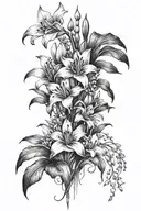 A new-school design of a mystical garden with vibrant gladioli flowers, violets, lily of the valley, and water lilies, each flower holding a different secret or lesson learned during your studies tattoo design idea