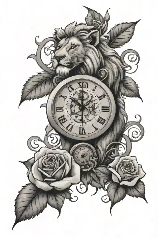 roses, clock, simba lion king tattoo design idea