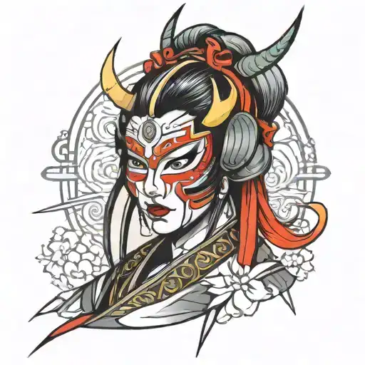 woman face neotraditional style samurai mask tattoo design idea